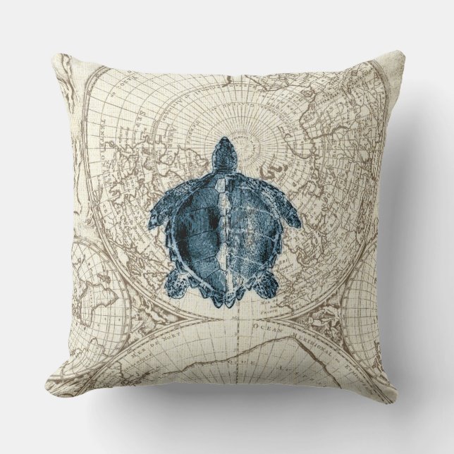 Ivory Map Blue Turtle Illustration Sealife Kussen (Voorkant)
