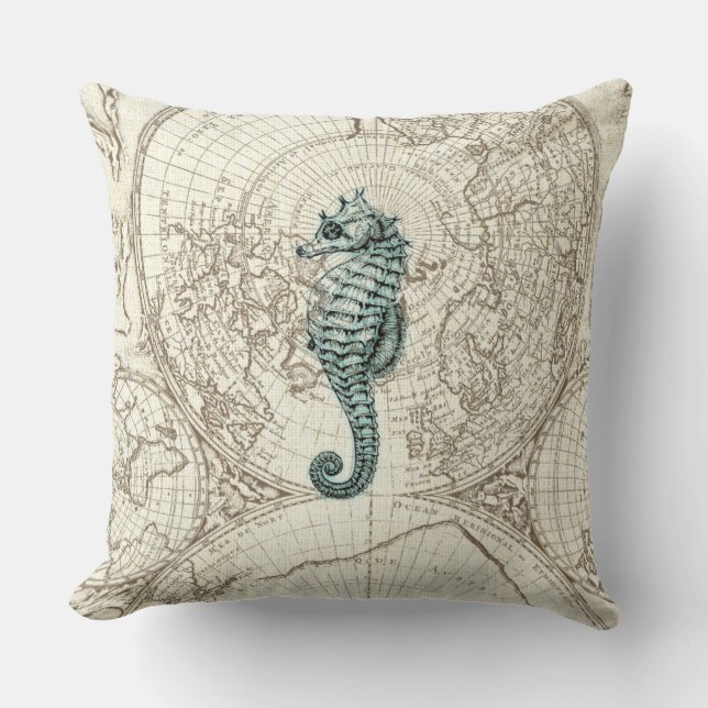 Ivory Map Green Seahorse Illustration Sealife Kussen (Voorkant)