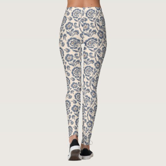 Ivory met Blauw Floral Design Pattern Leggings (Achterkant)