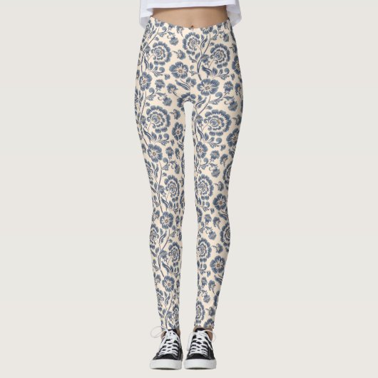Ivory met Blauw Floral Design Pattern Leggings (Voorkant)