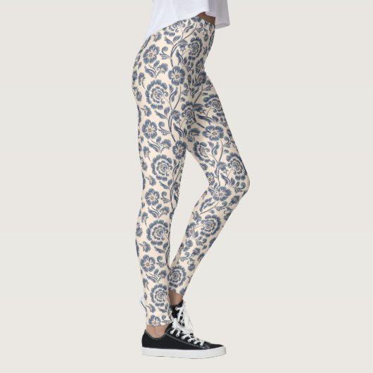 Ivory met Blauw Floral Design Pattern Leggings (Rechts)