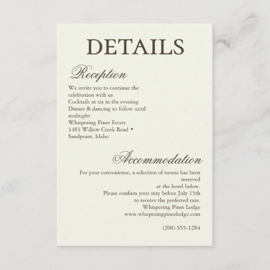 Ivory Minimalist Boho Script Wedding Details Informatiekaartje (Voorkant)