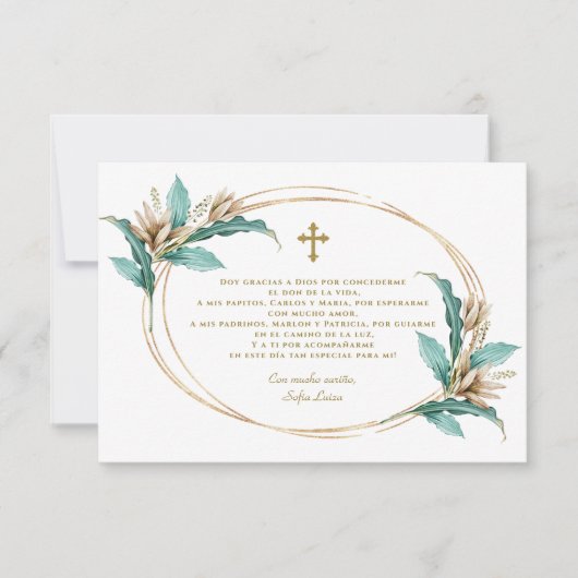 Ivory Mint Floral Gracias Con Oración Bautizo Bedankkaart (Voorkant)