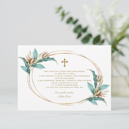 Ivory Mint Floral Gracias Con Oración Bautizo Bedankkaart (Staand voorkant)