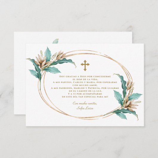 Ivory Mint Floral Gracias Con Oración Bautizo Bedankkaart (Voorkant / Achterkant)