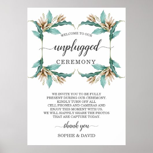 Ivory Mint Floral Unplugged Wedding Ceremony Sign Poster (Voorkant)