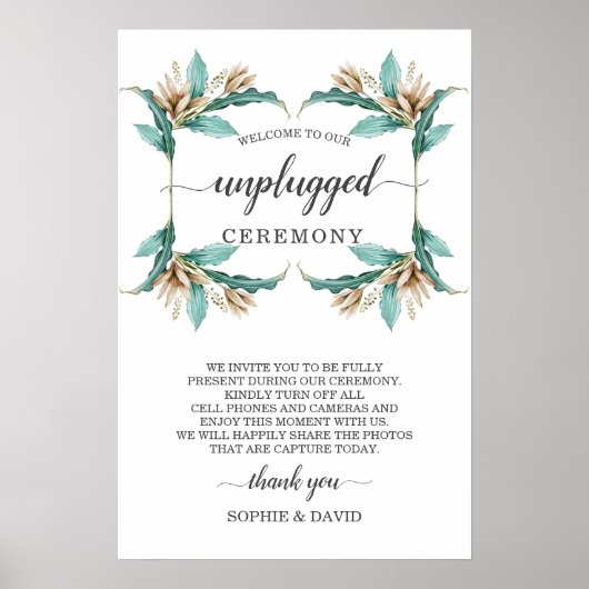 Ivory Mint Floral Unplugged Wedding Ceremony Sign Poster (Voorkant)