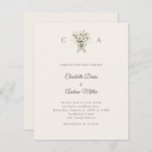 Ivory monogrammed floral green wedding invitation (Voorkant / Achterkant)