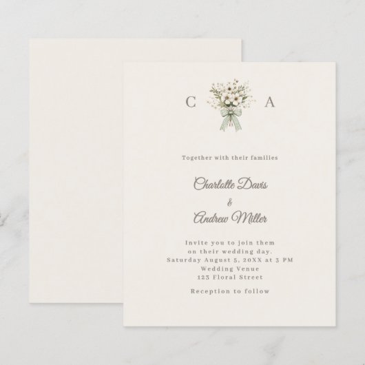 Ivory monogrammed floral green wedding invitation (Voorkant / Achterkant)