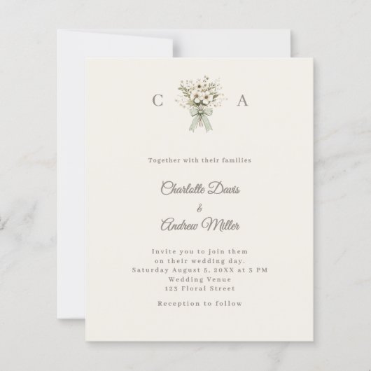 Ivory monogrammed floral green wedding invitation (Voorkant)