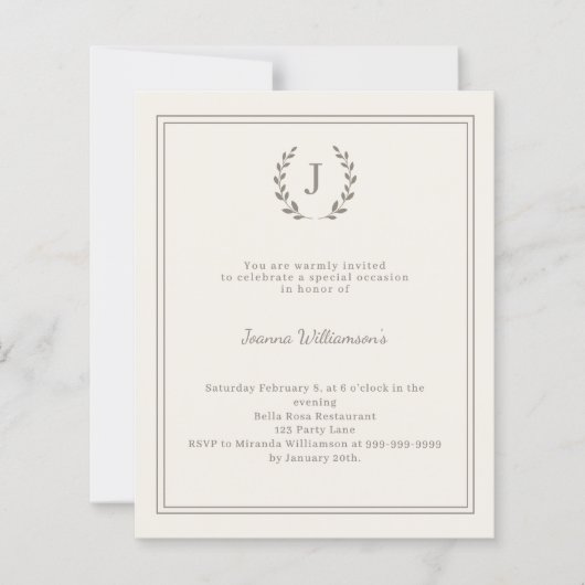 Ivory monogrammed milestone age-neutral invitation (Voorkant)