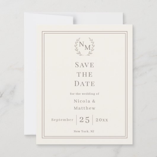 Ivory monogrammed wreath wedding Save the Date  (Voorkant)