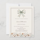 Ivory muted green bow florals birthday invitation (Voorkant)