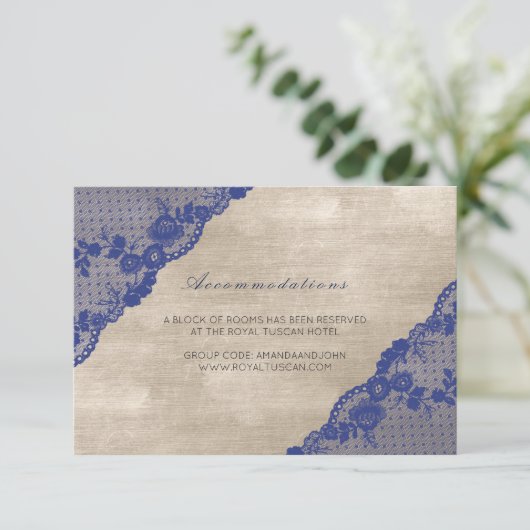 Ivory Navy Blue Lace Wedding Hotel Accomodation Informatiekaartje (Staand voorkant)