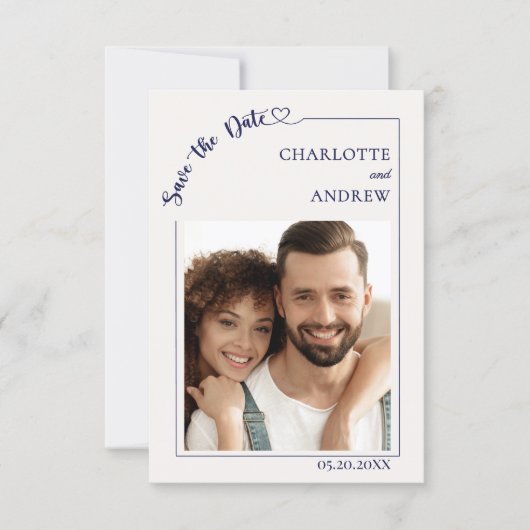 Ivory navy blue photo wedding Save the Date (Voorkant)