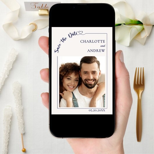 Ivory navy blue photo wedding Save the Date