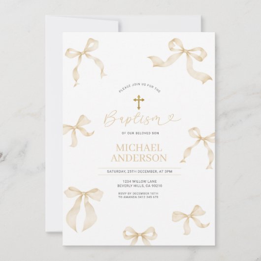 Ivory Neutral Bow Christening Invitation Kaart (Voorkant)