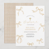 Ivory Neutral Bow Christening Invitation Kaart (Voorkant / Achterkant)