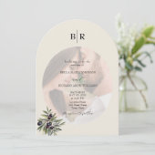 Ivory Olive Arched Photo Monogram Wedding Kaart (Staand voorkant)