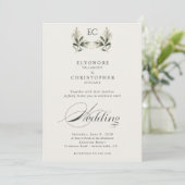 Ivory Olive Branch Monogram Photo Wedding  Kaart (Staand voorkant)