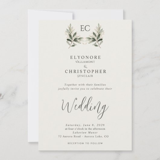 Ivory Olive Branch Monogram Photo Wedding  Kaart (Voorkant)