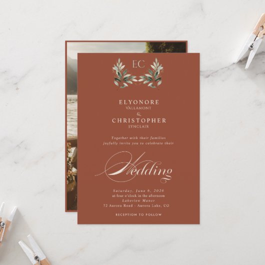 Ivory Olive Branch Monogram Photo Wedding  Kaart (Voorkant / Achterkant in situ)