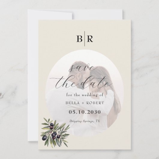 Ivory Olive Branch Monogram Photo Wedding Save The Date (Voorkant)