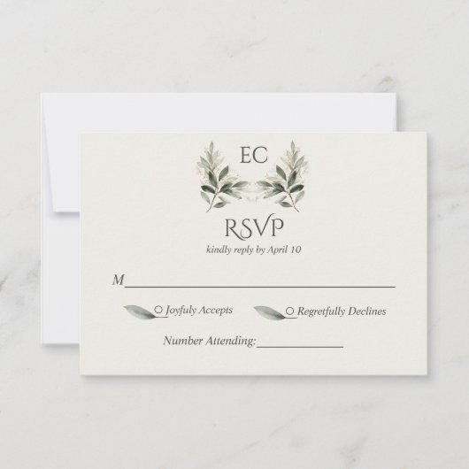 Ivory Olive Branch Monogram Wedding RSVP Kaartje (Voorkant)