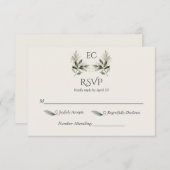 Ivory Olive Branch Monogram Wedding RSVP Kaartje (Voorkant / Achterkant)