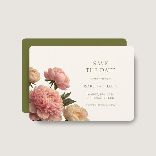 Ivory & Olive Green Rose Save the Date Kaart