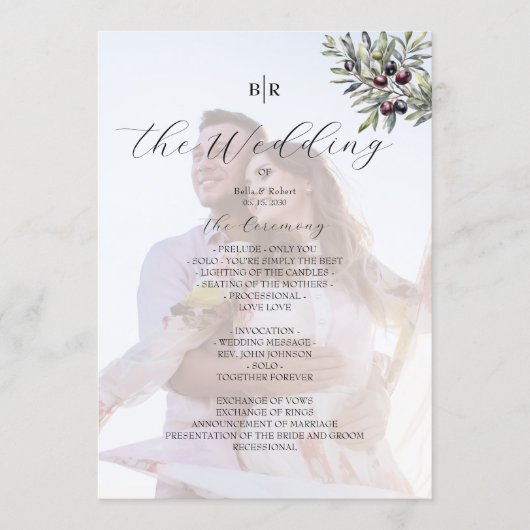 Ivory Olive Monogram Photo Wedding Program Programmakaart (Voorkant)