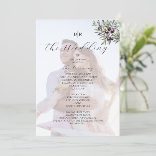 Ivory Olive Monogram Photo Wedding Program Programmakaart (Staand voorkant)