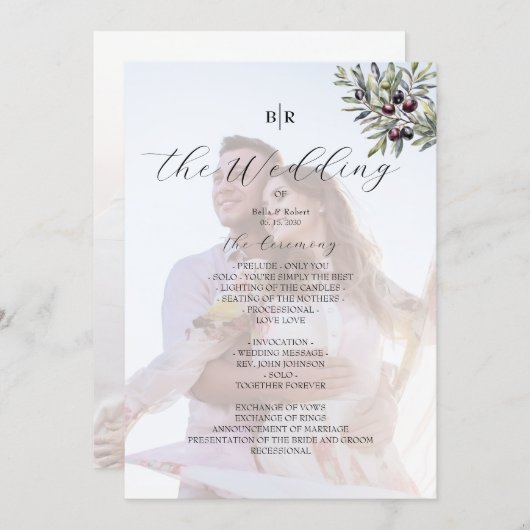 Ivory Olive Monogram Photo Wedding Program Programmakaart (Voorkant / Achterkant)