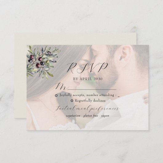 Ivory Olive Monogram Photo Wedding RSVP Kaartje (Voorkant / Achterkant)