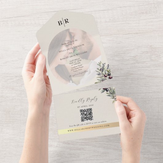 Ivory Olive Photo Monogram Wedding All In One Uitnodiging (Afscheurbaar)