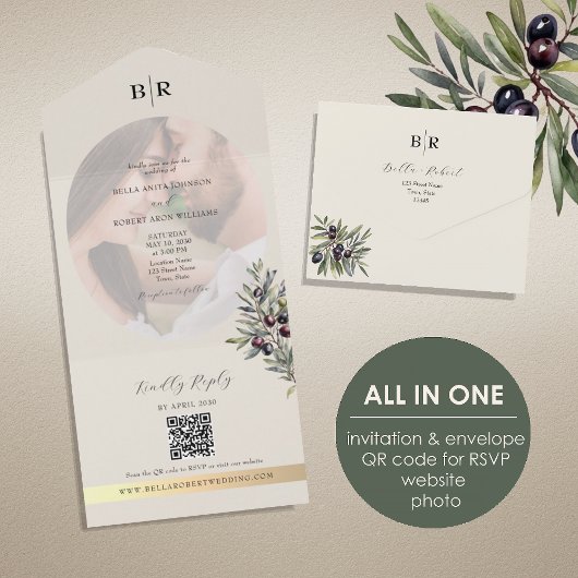 Ivory Olive Photo Monogram Wedding All In One Uitnodiging