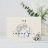 Ivory Olive Photo Monogram Wedding Bedankkaart (Staand voorkant)
