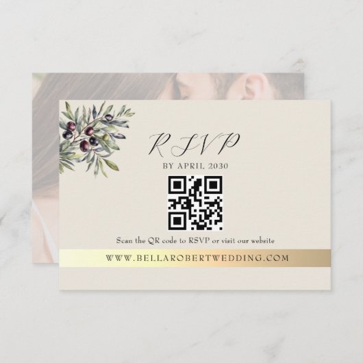 Ivory Olive Photo QR Wedding RSVP Kaartje (Voorkant / Achterkant)