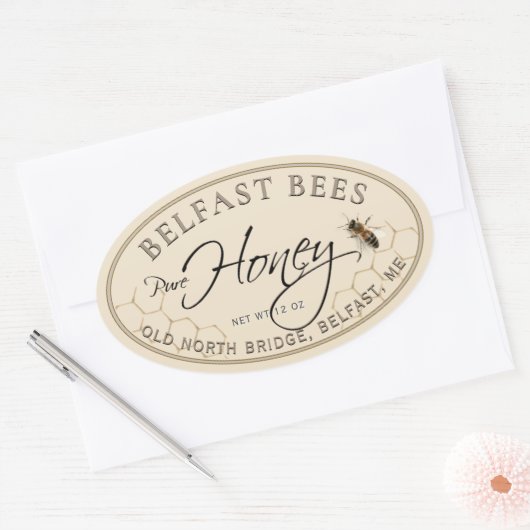 Ivory Oval Honey Label with Bee and Honeycomb (Envelop)