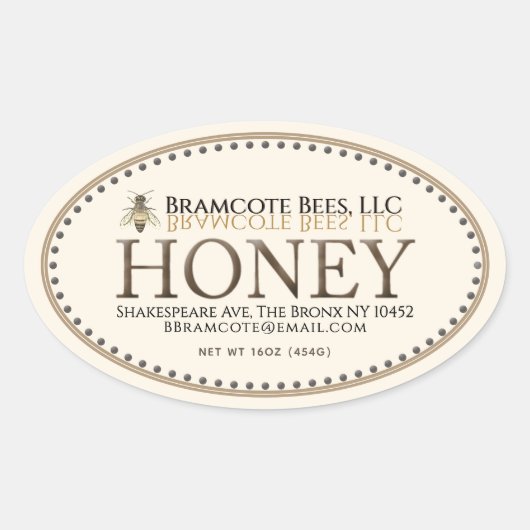 Ivory Oval Honey Sticker met Honeybee en Border (Voorkant)