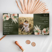 Ivory Palm Earthy Floral Pampas Sage Green Wedding Drieluik Uitnodiging