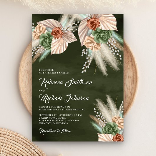 Ivory Palm Earthy Floral Pampas Sage Green Wedding Kaart