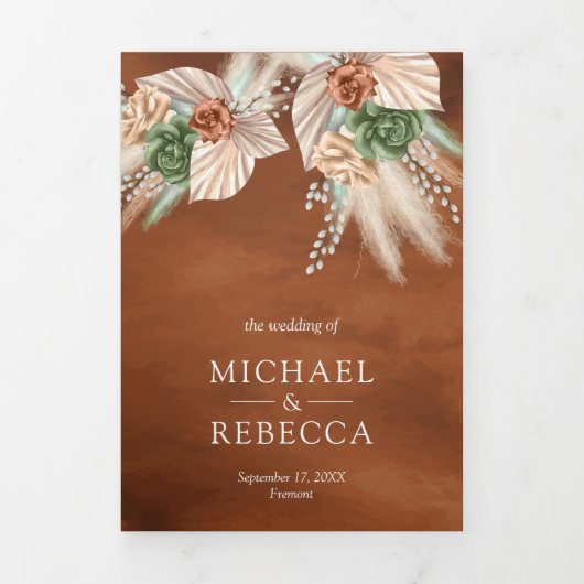 Ivory Palm Earthy Floral Pampas Terracotta Wedding Drieluik Uitnodiging (Cover)