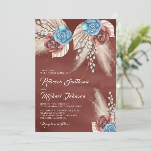 Ivory Palm Pampas Cinnamon Rozen Weddenschap Kaart (Staand voorkant)