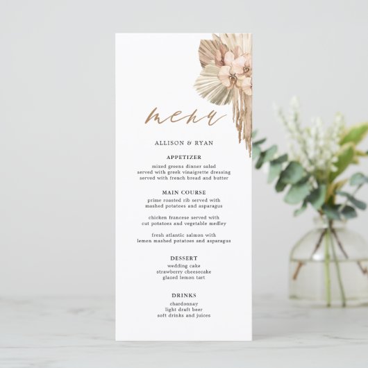 Ivory Pampas Grass Bohemian Wedding Menus Menu (Staand voorkant)