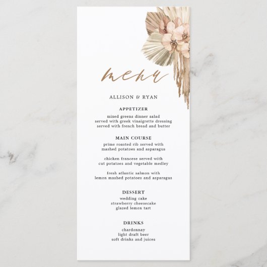 Ivory Pampas Grass Bohemian Wedding Menus Menu (Voorkant)