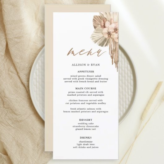 Ivory Pampas Grass Bohemian Wedding Menus Menu
