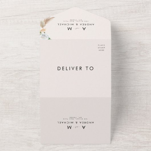 Ivory Pampas Grass Rozen & Elegant Script Wedding All In One Uitnodiging (Buitenkant)