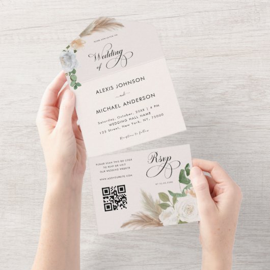 Ivory Pampas Grass Rozen & Elegant Script Wedding All In One Uitnodiging (Afscheurbaar)