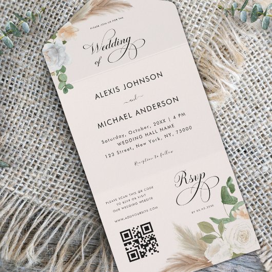 Ivory Pampas Grass Rozen & Elegant Script Wedding All In One Uitnodiging